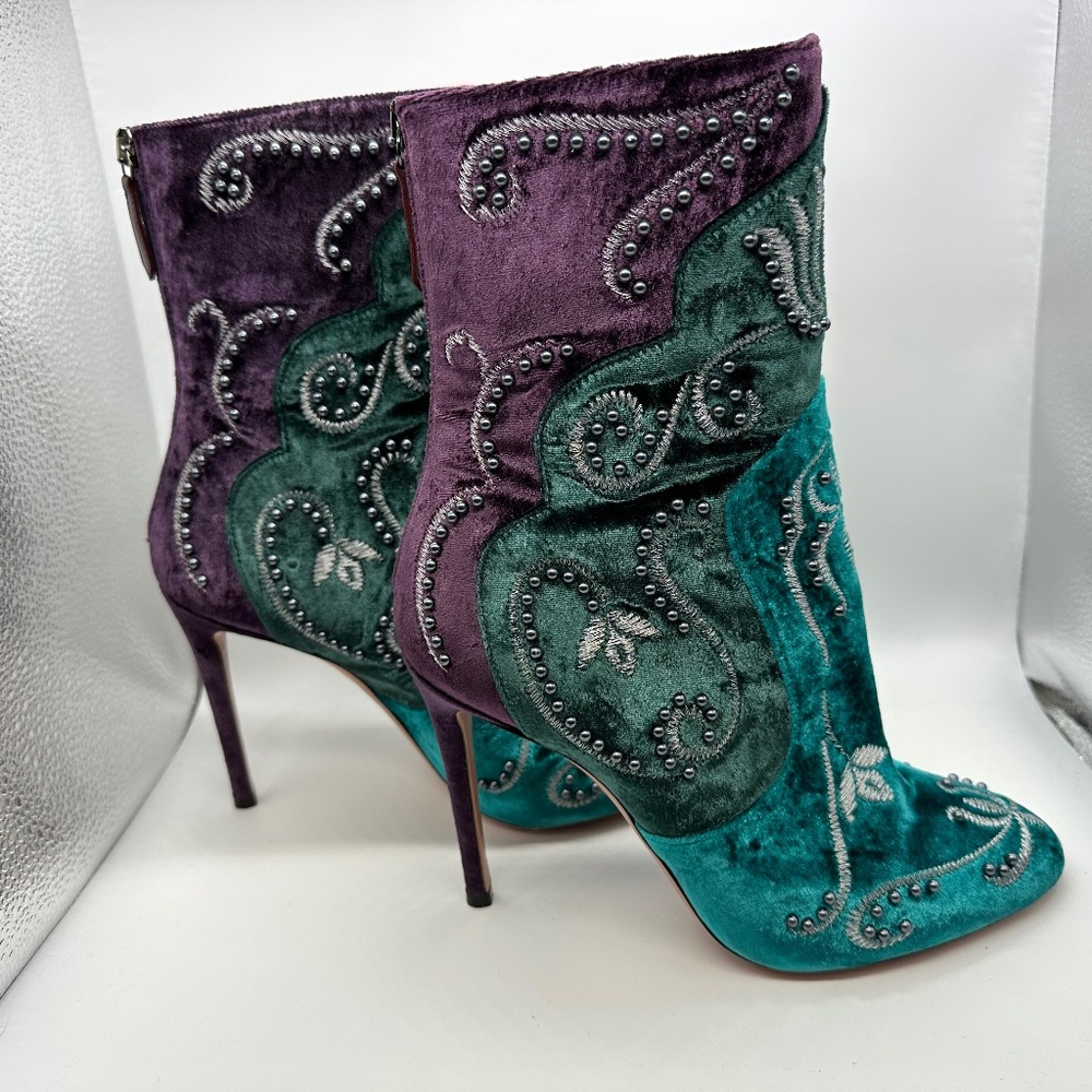 Aquazzura Mata Hari purple/teal/turquoise velvet embroidered booties. Size 38.5